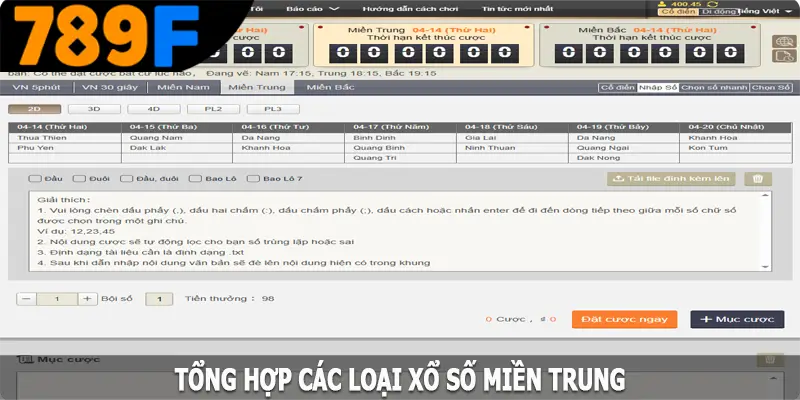 Tổng hợp các loại xổ số miền trung phổ biến tại 789F